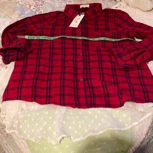 Red plaid button front top with sleeves Swiss dot bustle back